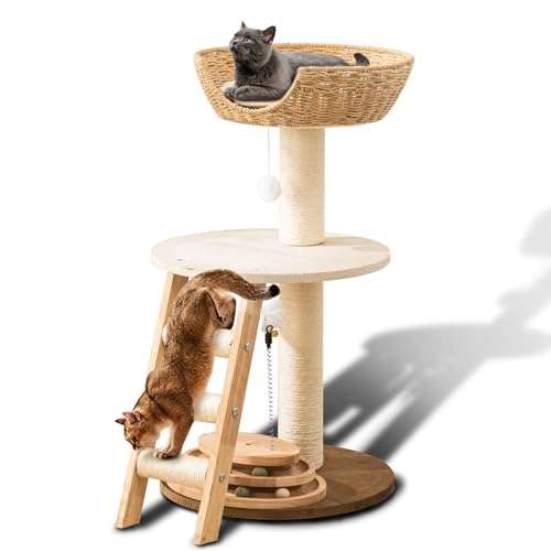 Natural Wood Modern Cat Tree with Top Cats Bed, Unique Cute Cats Furniture Activity Centre with Sisal Rope Scratching Posts, Cats Tower Condo with Interactive Cat Toy Tree - color: SCT004 new-1