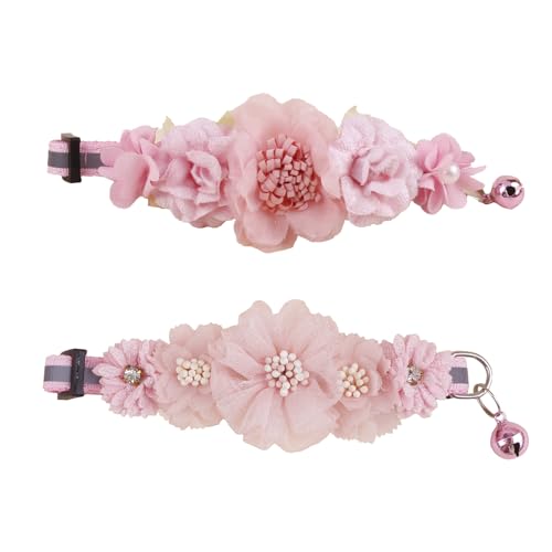 2 Pack Cat Collar Pink Floral with Bell and Removable Flower Bowtie Breakaway Adjustable Cat Collar for Girl Kitten Puppy Small Cats Dogs Daily Decoration (XQ10-5) - color: XQ10-5