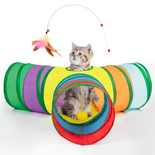 Tempcore Pet Cat Tunnel Collapsible Toy, 3-Way Kitty Tunnel with Peek Hole & Ball - Indoor Play Tube for Cats, Kittens, Puppy, Rabbit, Rabbit Rainbow - color: 3-Way Rainbow, size: 3-way