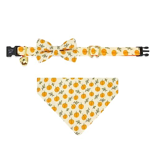 Ultra Joys Cat Collar with Bells - Breakaway for Cats, Boy & Girl Cat Collars Kitten Collar with Bell - Break Away Collar for Cats - Breakaway Cat Collar with Bandana and Bowtie Pumpkin Small - color: Pumpkin-Whole Set, size: Small