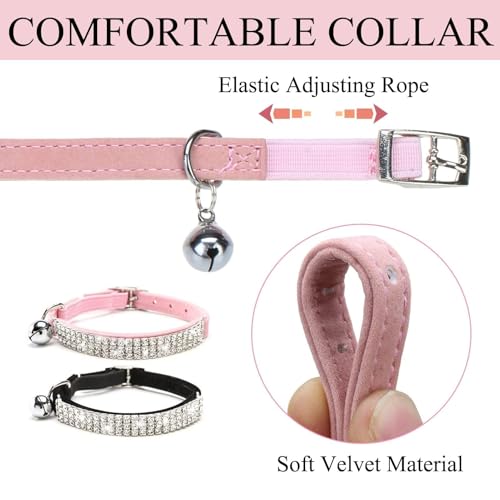 BINGPET 2 Pack Diamond Cat Collar with Bell, Adjustable Soft Velvet Bling Rhinestone Cat Collar, Sparkly Kitten Collar with Metal Buckle and Safety Elastic for Small Medium Cats, Pink & Black - color: Pink & Black(Rhinestones), size: Neck Girth 8"-10"
