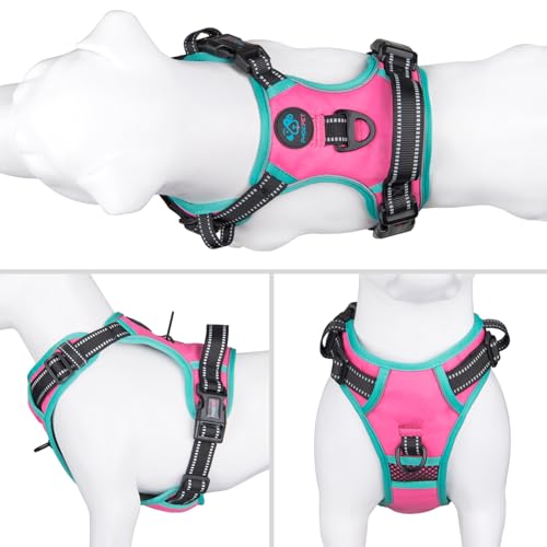 PHOEPET 2019 Upgraded No Pull Dog Harness, Reflective Adjustable Vest, with a Training Handle + 2 Metal Leash Hooks+ 3 Snap Buckles +4 Slide Buckles(S, Pink) - color: Pink, size: Small