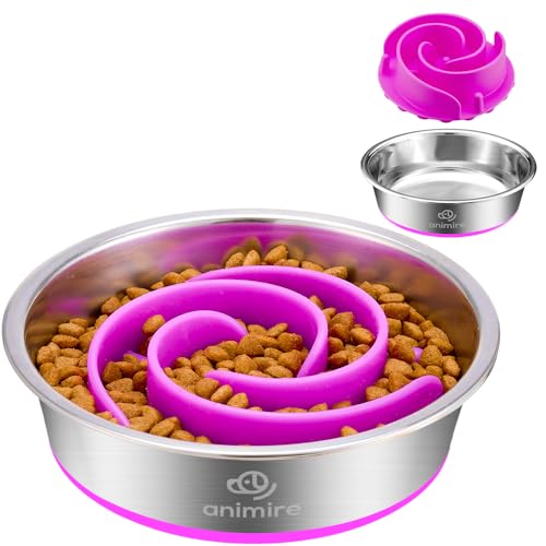2-in-1 Metal Dog Bowl with Slow Feeder Insert, Stainless Steel Dog Bowls Food Grade 304, Water Food Bowl with Anti-Slip Silicone Base for Small & Medium Dogs(Purple, 3 Cups) - color: Purple, size: 2 Cups