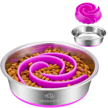 2-in-1 Metal Dog Bowl with Slow Feeder Insert, Stainless Steel Dog Bowls Food Grade 304, Water Food Bowl with Anti-Slip Silicone Base for Small, Medium, Large Dogs - color: Purple, size: 1 Cup