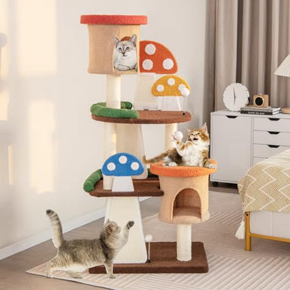 Tangkula Mushroom Cat Tree, Multi-Level Cute Cat Tower with Full-Wrapped Sisal Posts, Scratching Boards & Interactive Balls, 2 Cat Condo, Flower Cat Tree Tower for Indoor Cats Large Adult (57.5 Inch) - size: 57.5 Inch