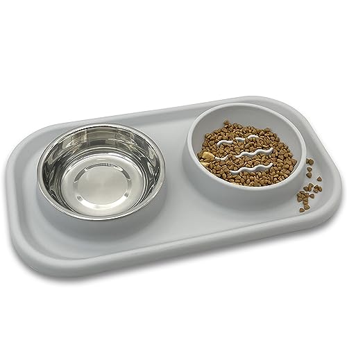 Slow Feeder Dog Cat Bowls, Stainless Steel with Silicone Mat Dog Food and Water Bowls Set, Pet Feeding Dish to Slow Down Eating for Cats and Small Dogs Puppy, Grey - color: Grey