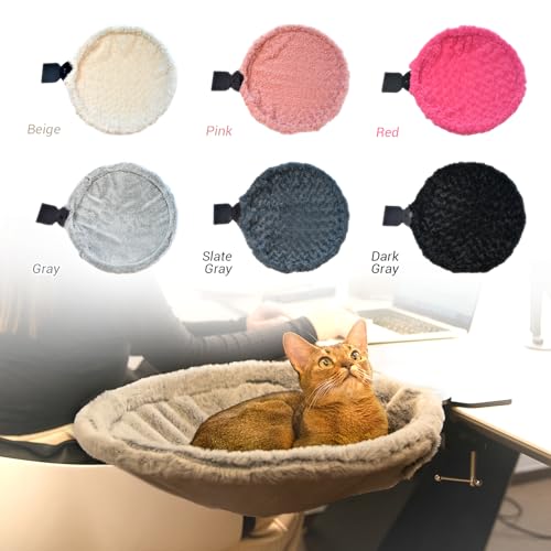 Round Cat Desk Bed, Space Saving Elevated Pet Hammock for 40lbs Cats, All-Season Office Workspace Cat Seat, Sturdy Desk Mounted Bed with Washable Breathable Fabric, 360 View Hammock - color: Rose Velvet-Beige