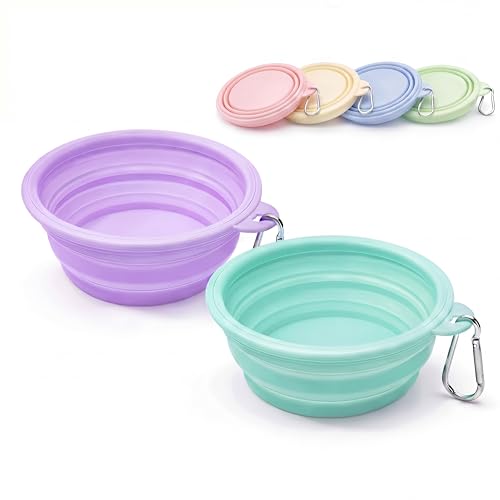 Collapsible Dog Bowls 2-Pack, Portable Travel Dog Bowl with Carabiner, Food-Grade BPA-Free Silicone Pet Food & Water Bowl for Dogs & Cats, Hiking Walking Camping (Purple and Mint Green) - color: Purple and mint green