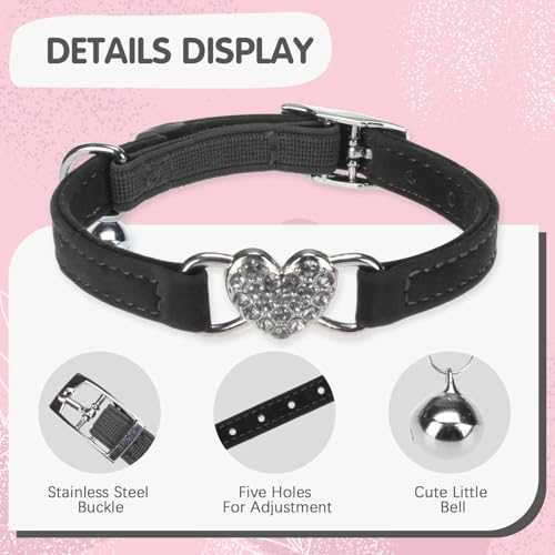 BINGPET 2 Pack Diamond Cat Collar with Bells and Safety Belt, Adjustable Soft Velvet Kitten Collar with Bling Heart Jewelry, Cute Black & Pink Cat Collars for Girls & Boys(Neck Girth 8"-10") - color: Pink & Black(Heart), size: Neck Girth 8"-10"