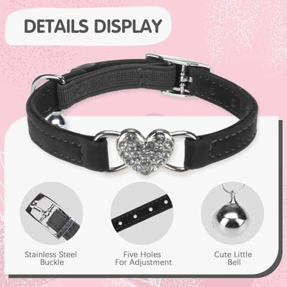 BINGPET 2 Pack Diamond Cat Collar with Bells and Safety Belt, Adjustable Soft Velvet Kitten Collar with Bling Heart Jewelry, Cute Black & Pink Cat Collars for Girls & Boys(Neck Girth 8"-10") - color: Pink & Black(Heart), size: Neck Girth 8"-10"