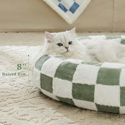 Ohocut Checkered Cat Dog Bed, Cute Sage Green Retro Style Aesthetic Round Warming Pet Calming Beds for Small Dog and Cats, Plush Cozy Donut Beds Washable, 23" L x 23" W x 8" Th - color: Green, size: 23"L x 23"W x 8"Th