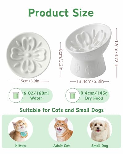 Ceramic Slow Feeder Cat Bowl, 15° Tilted Elevated Cat Slow Eating Bowl for Neck Protection, Anti Vomiting Dog Slow Feeder, Whisker Friendly & No Black Chin for Cats and Small Dogs, White - color: 01-White