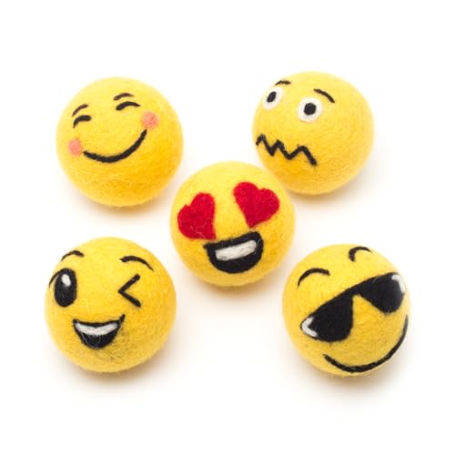 Glaciart One Wool Emoji Ball Cat Toy – 5 Pcs with Catnip - Soft Fuzzy Enrichment 100% Natural Felt Cat Toy - Interactive Play Set - Safe for Pets, Non-AZO Colored Dyes – 1.5” - color: Emoji Balls
