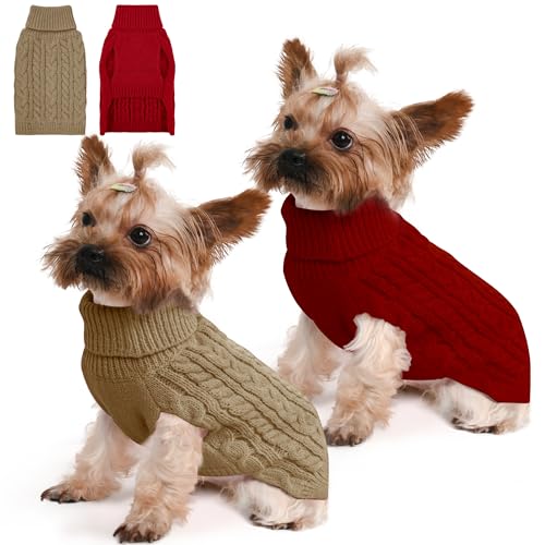 2 Pack Dog Sweaters for Small Dogs Winter Turtleneck Pullover Cable Knit Fleece Stretch Puppy Doggie Chihuahua Toy Poodle Yorkie Pomeranian Boy Girl Pet Clothes (XS, Red & Brown) - color: Red & Brown, size: X-Small