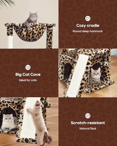 SYANDLVY Leopard Print Cat Tree for Indoor Cats, Small Cat Tower with Scratching Post & Board, Modern Activity House Condo with Cradle, Hanging Ball for Play, Kittens Cave - color: Leopard Print