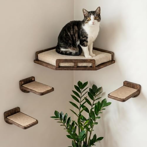 INICIO Cat Wall Shelves - Safe and Sturdy Cat Wall Furniture - Stylish Natural Wood Corner Shelf with 3 Steps for Cats up to 15lbs - Cushioned Perch and Stairs for Climbing and Playing - Dark Brown - color: Dark Brown