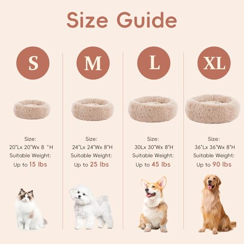 FluffyDream 24 Inch Donut Bed for Dogs, Calming, Brown, Washable, Plush Fur Dog Cuddle Bed - color: Brown, size: Donut - 24''L x 24''W x 8''H