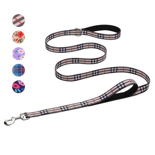Hikiko Padded Two Handle Dog Leash 6 Ft for Medium Large Dogs, Strong Traffic Handles Lead for Walking Training (Beige Plaid) - color: Beige Plaid, size: 1 in x 6 ft