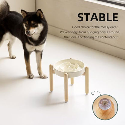 Havniva 8.2” Raised Slow Feeder Dog Bowls, 1.6 Cups Ceramic Dog Bowl Slow Feeding for Medium Breed, Elevated Puzzle Dog Food Bowl with Wooden Stand Non-Slip Anti-Gulping & Anti-Choking - color: 1 x Light Yellow+Stand-A, size: 8.2inch