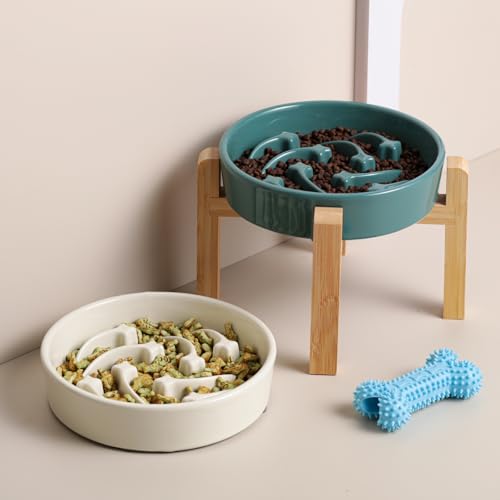 8.26 in Deep Green Dog Bowl Slow Feeder Ceramic for Medium and Large Breed,Elevated/Raised Slow Feeding Dog Food Water Dish Heavy Weighted,Puppy Dish for Fast Eaters,Puzzle Eating Bowl Meteor - color: Upgraded Deep Green Slow Feeder Elevated