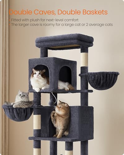 Feandrea Cat Tree, 69-Inch Tall Cat Tower, Multi-Level Plush Condo with 2 Caves, 2 Baskets, 5 Scratching Posts, Self-Groomer, Perch, Hammock, Dark Gray UPCT182G02 - color: Dark Gray