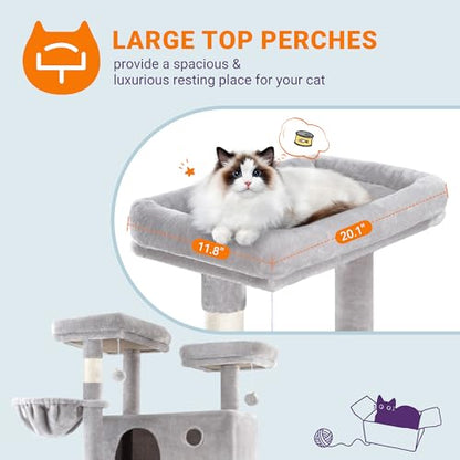 Allewie 81 Inches Tall Cat Tree/Multi-Level Large Climbing Tree House and Towers for Big Feline/Condo and Hammock/Scratching Post/Wide Base/Grey - color: Grey