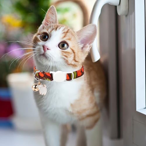 Unique style paws 2 Pack Kitten Collar Breakaway with Bell & Pendant, Adjustable Safety Cat Cotton Collars for Girl Boy Cats and Small Pets - color: deep mapleleaf & pumpkin
