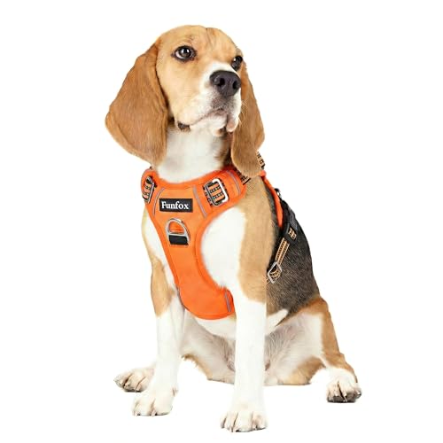 Funfox Dog Harness No Pull, Adjustable Pet Vest Harness, Super Soft Material with Vertical Handle Easy Control, Reflective Night Walking, 2 Leash Clips for Medium Sized Dogs, Orange, M - color: Orange, size: Medium