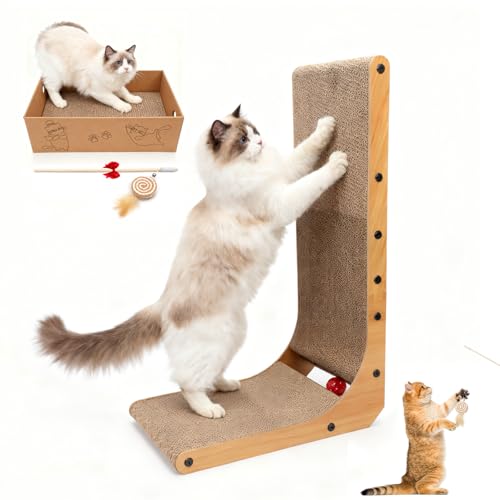 Goosheep L-Shaped Cat Scratcher 2-in1 Scratching Board for Indoor Cats Protecting Furniture Cardboard Box Scratch Pad with Ball Toy Cats Scratching Posts with Cat Teaser - color: 1pk 25.2in L-Shape Cat Scratcher with Box