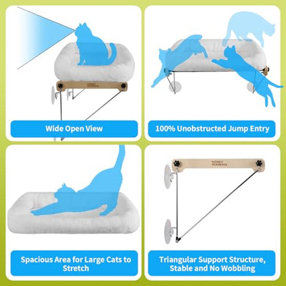 HoneyGuardian Cat Window Prech,Metal Support from Below with 4 Suction Cups, with Plush Cushion, Cat Window Hammock for Large Cats and Kittens - size: Upgrade