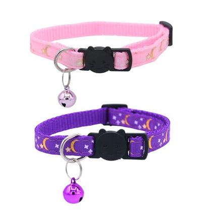 Set of 2: KioKatt Celestial Nylon Cat Collars with Matching Bells – Adjustable Breakaway Safety Collars for Adult Cats, 7–11" (Purple + Pink) - color: Purple + Pink