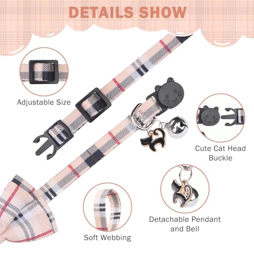 SCENEREAL Plaid Cat Collar with Bow Bandana - 2 Pack Breakaway Kitten Collar with Removable Bowtie Bell, Adjustable Cute Cat Collar for Cats Kittens, Beige - color: Bandanas & Bow (Plaid - Beige)