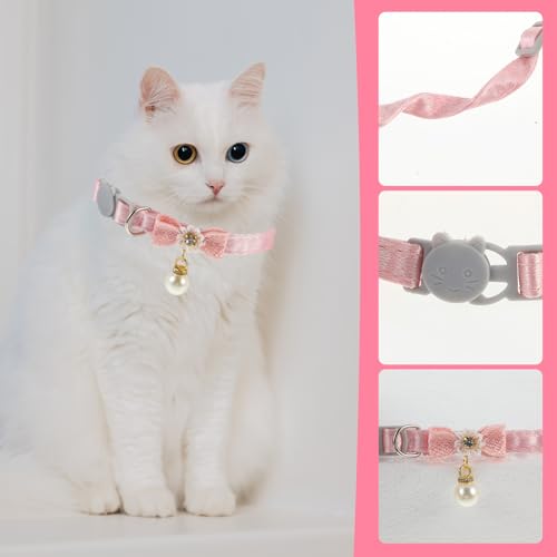 JJUNW Cat Collar Breakaway, Cat Collar with Pearl Pendant Quick Release Safe Buckle Pink Bowtie Adjustable Baby Kitten Collars Cute Cat Collar for Girl Cat (Style2)