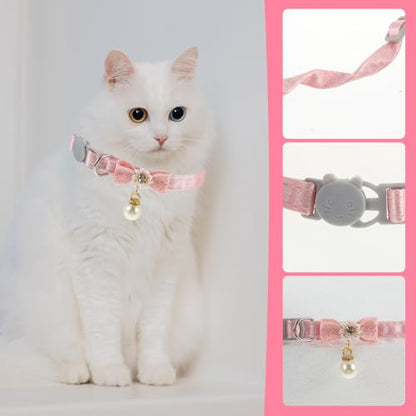 JJUNW Cat Collar Breakaway, Cat Collar with Pearl Pendant Quick Release Safe Buckle Pink Bowtie Adjustable Baby Kitten Collars Cute Cat Collar for Girl Cat (Style2)