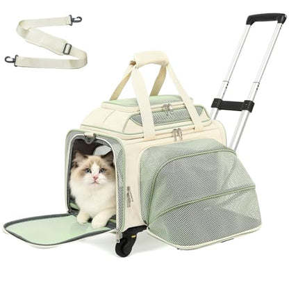 Cozy Cruiser Pet Carrier with Wheels,TSA Airline Approved, Expandable Space, Soft-Sided & Collapsible Design,Rolling Travel Bag with Telescopic Handle for Small Dogs and Cats - color: Green