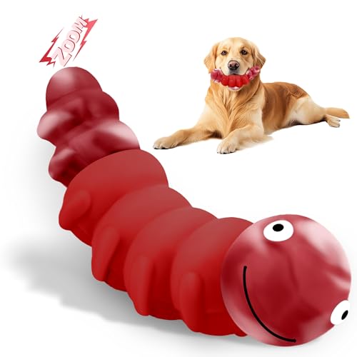 Indestructible Dog Toys for Aggressive Chewers, Tough Chew Proof Toy for Large Dogs, Squeaky Rubber Chew Toy with Beef Flavor for Boredom & Anxiety Relief (Red) - color: Red