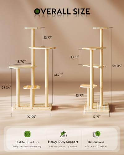 Outdoor Cat Tree, 60" Tall Cat Tower Weatherproof for Patio,Balcony,Garden, Durable 4-Tier Natural Wood w/Scratching Posts for Multiple Cats,Outside&Indoor Adult Cats and Kittens Play, Climbing