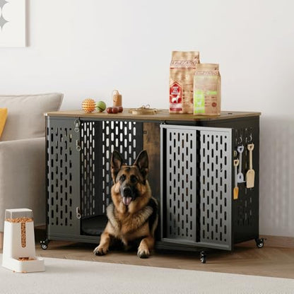 ONBRILL Heavy Duty Dog Crate Furniture for Large and Medium Dogs, 43.7 Inch Large Dog Crate Kennel with Flip Top & Cushion & Wheels, Escape Proof Pet Cage,Wooden Cage Kennel Furniture Indoor - size: 43.7"L x 29.9"W x 31.7"H