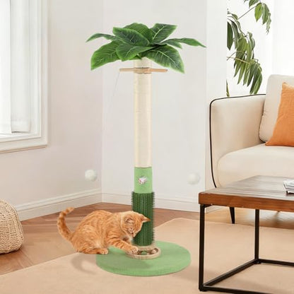 Cat Scratching Post,37.5'' Tall Palm Tree Natural Sisal Scratching Post for Indoor,Stable Vertical Cat Scratcher with Mouse Hole Toy,Rotating Interactive Ball Self Groomer for Full Body Stretching