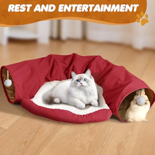 Spardar Bunny Tunnel Bed, 2-in-1 Collapsible Tunnel Tubes Toys, Washable, with Removable Mat Hideout, Interactive Toys for Rabbits Chinchilla Hedgehog Guinea Pigs Kitty, Red - color: Red