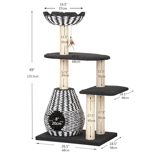 PetPals Ace 4-Level Multi-Activity Cat Tree with Handwoven Recycled Paper Rope Condo and Top Nest Bed, Replaceable Sisal Scratching Posts, Feather Teaser Toy, Black & White - color: Black and white
