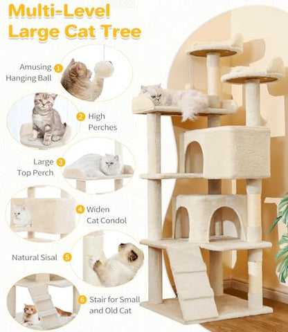 Made4Pets Cat Tree Tower 56in Cat Tower for Indoor Cats Kitten Tree Multi-Level Cat Tree with 2 Condo Furniture Activity Center with Scratching Posts Funny Toys Kittens Pet Play House, Beige - color: Beige