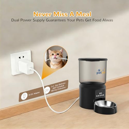 Automatic Cat Feeders, 4L Timed Cat Dry Food Dispenser Auto Pet Feeder for Cats and Small Dogs Dual Power Supply 9 Meals Programmable 1-15 Portion Per Day with Stainless Bowl Easy Clean - color: Black-1