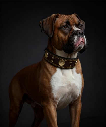 Leather Dog Collar, 2 inches Wide Heavy Duty Genuine Leather Collars, Handmade, Soft, and Luxury, Eye-catching Best Choice for Large and Medium Breed Dogs, Brown-Gold 18.5-22.5 in - color: Brown-Gold, size: 18.5-22.5 in