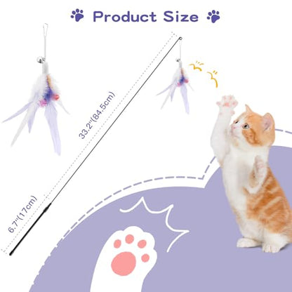 Pawaboo Feather Teaser Cat Toy, Interactive Feather Wand Cats Toy Flying Feathers Cat Catcher with Extra Long 34.5" Wand and Small Bell, Exerciser Playing Toys for Kitten or Cats, Purple - color: Purple
