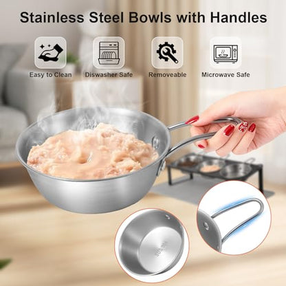 Elevated Cat Bowls with Food Mat, 10°Tilted Non-Slip Raised Cat Food Water Bowls Set, 3 Thick Stainless Steel Pets Dishes with Handles to Indoor Kitten Puppy, Anti-Vomiting Cute Metal Feeding Stand - color: Black-3Bowls-Handles