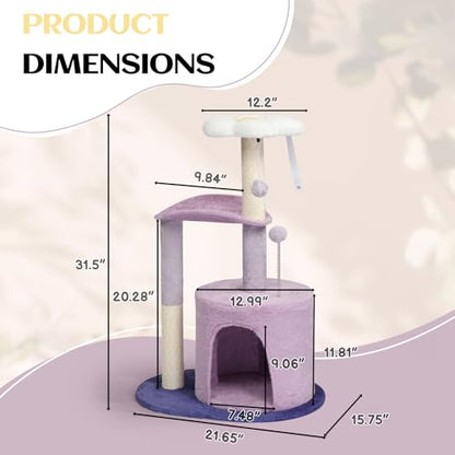 Outvita Cat Tree 33in Small Cat Tower, Multi-Level Cat Tree Tower with Cat Scratching Post and Curved Perch, Cozy Cat Condo, Padded Top Bed for Kittens and Indoor Cats, Purple - size: 33" Purple