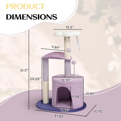Outvita Cat Tree 33in Small Cat Tower, Multi-Level Cat Tree Tower with Cat Scratching Post and Curved Perch, Cozy Cat Condo, Padded Top Bed for Kittens and Indoor Cats, Purple - size: 33" Purple