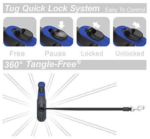 TUG 360° Tangle-Free Retractable Dog Leash with Anti-Slip Handle | 16 ft Strong Nylon Tape | One-Handed Brake, Pause, Lock (Small, Blue) - color: Blue, size: Small