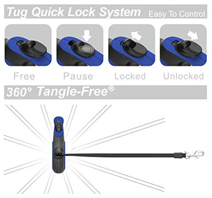 TUG 360° Tangle-Free Retractable Dog Leash with Anti-Slip Handle | 16 ft Strong Nylon Tape | One-Handed Brake, Pause, Lock (Small, Blue) - color: Blue, size: Small